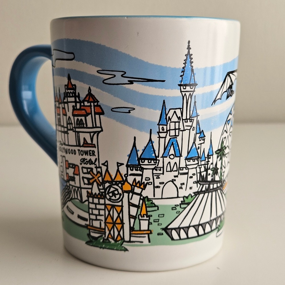Walt Disney World Coffee Mug Blue White Sketch Landmarks 4.5in FLAWS